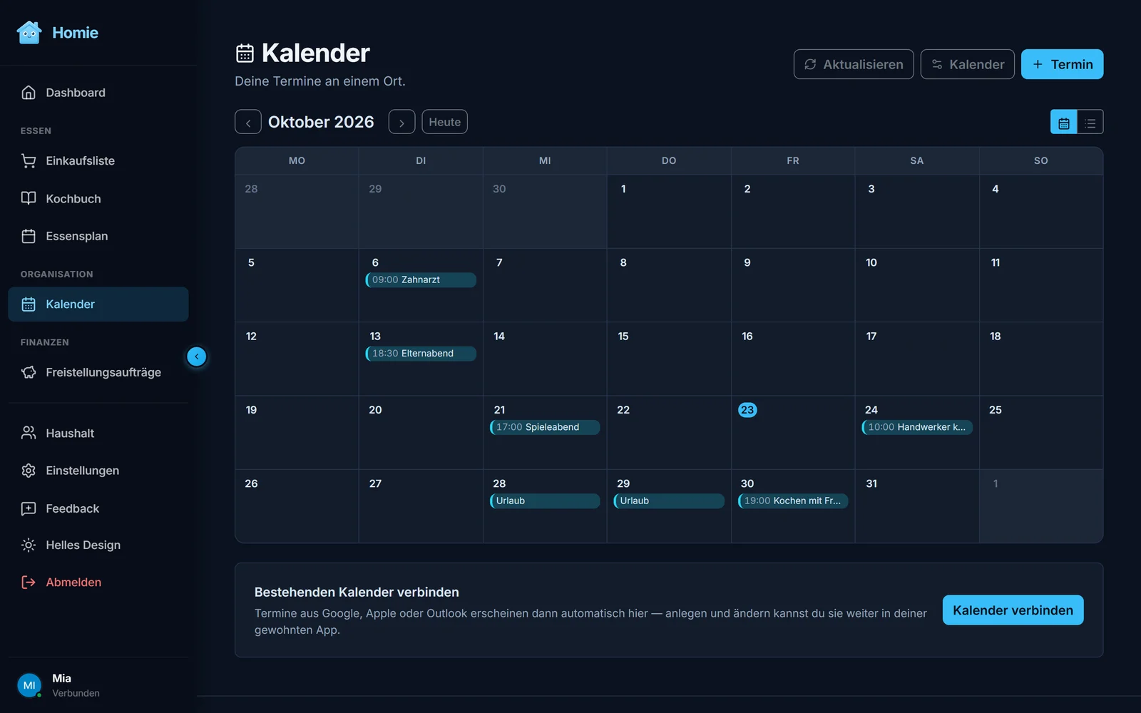 Die Monatsansicht des Kalenders in Homie mit mehreren Terminen